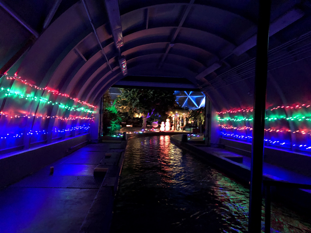 Boat on the water with colorful Christmas lights